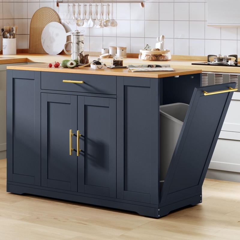Rolling Kitchen Island Cart with Tilt-Out Trash Bin Storage