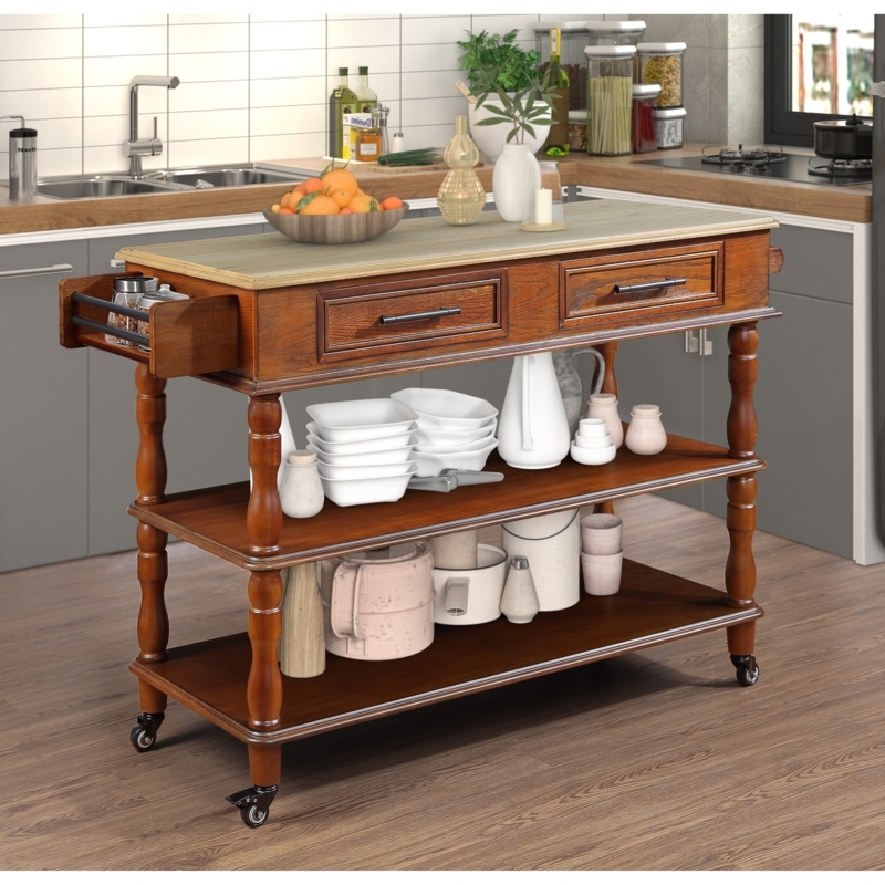 Rolling Kitchen Island Dark Brown Oak Wood Top Raised Panels