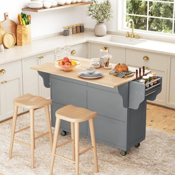 Rolling Kitchen Island, Dark Grey Finish, Drop Leaf, Side Shelving