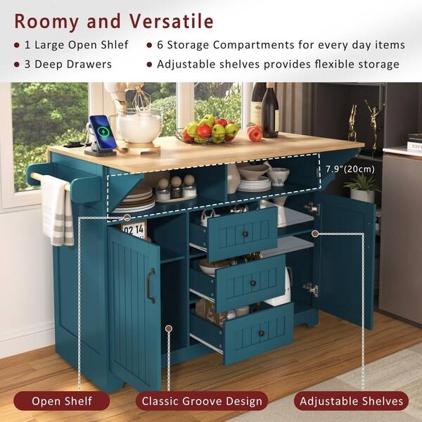 Rolling Kitchen Island Sage Green Double Drop Leaf Power Outlet