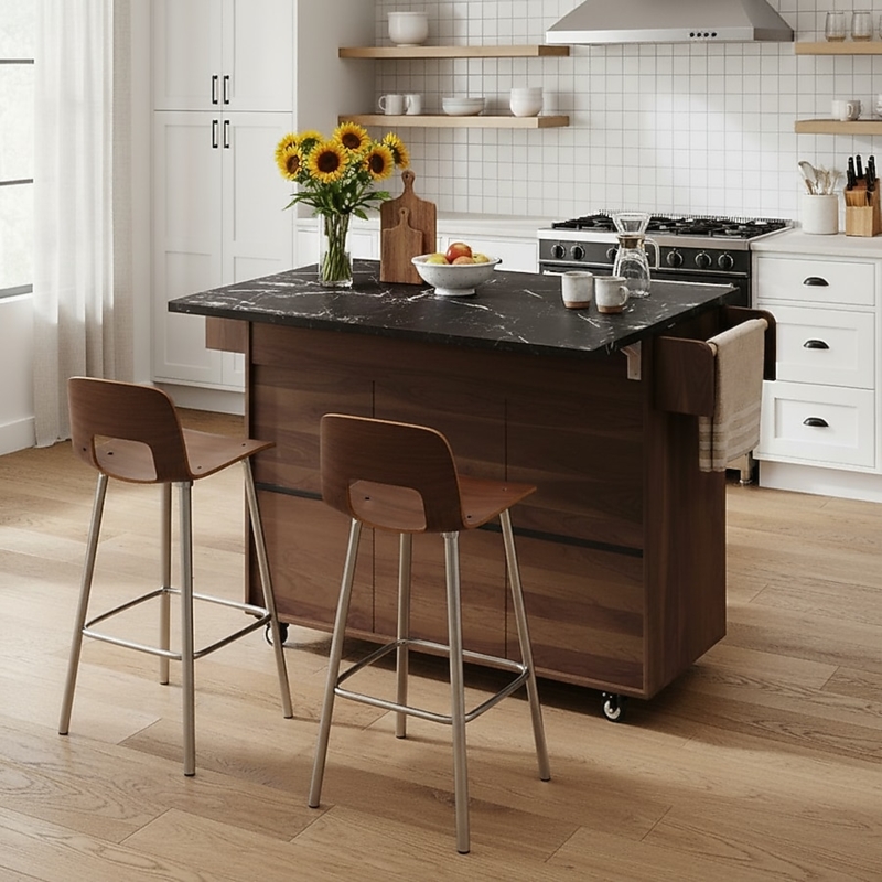 Rolling Kitchen Island Walnut Brown Drop Leaf Side Shelving