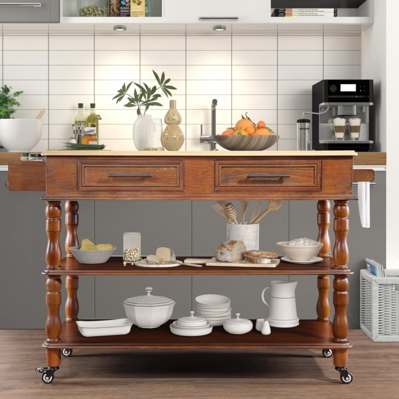Rolling Kitchen Island Walnut Top Wine Rack Slatted Shelf Cart