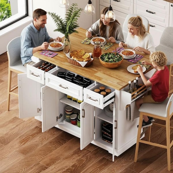 Rolling Kitchen Island White with Wood Drop Leaf & Three Drawers