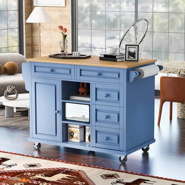 Rolling Kitchen Island with Drawers and Front Open Shelving