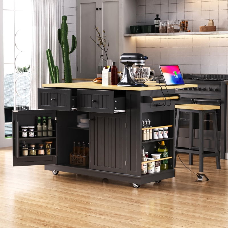 Rolling Kitchen Island with Drop Leaf Countertop and Integrated Power