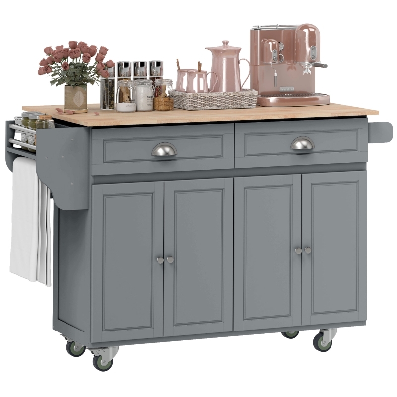 Rolling Kitchen Island with Drop Leaf, Dark Grey Finish, Shaker Doors