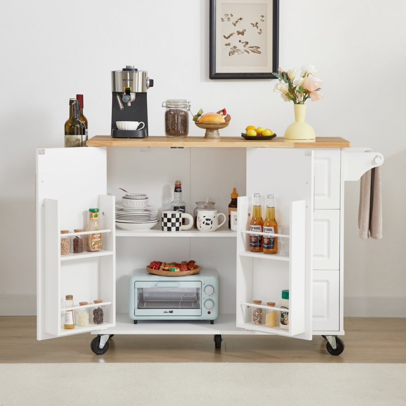 Rolling Kitchen Island with Drop Leaf, Sliding Barn Door, and Matte Black Finish