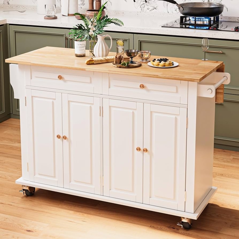 Rolling Kitchen Island with Drop Leaf, White Finish, and Side Storage