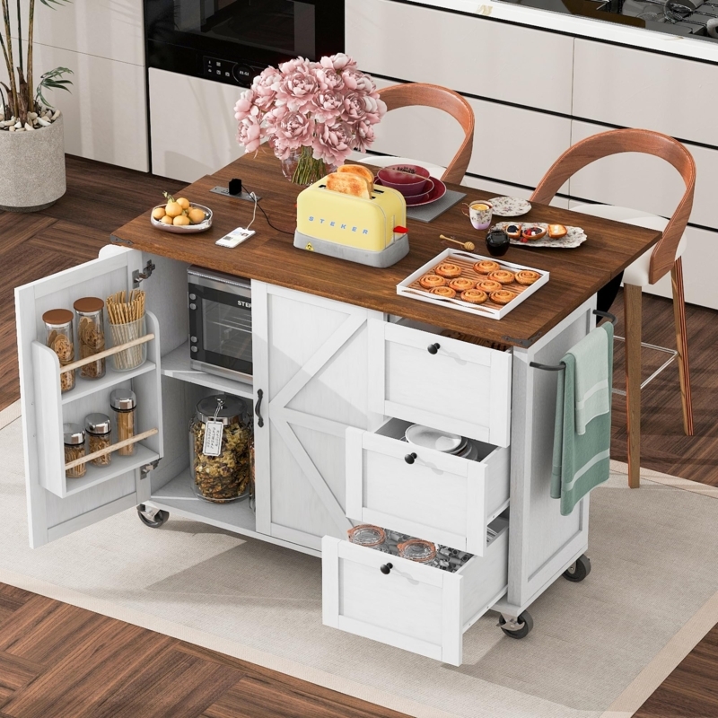 Rolling Kitchen Island with Integrated Power Outlet and Drop Leaf White