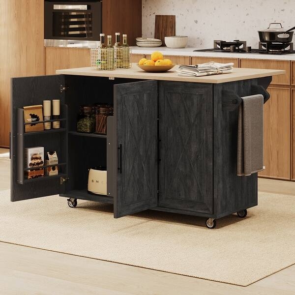 Rolling Kitchen Island With Three Door Storage And Black Base