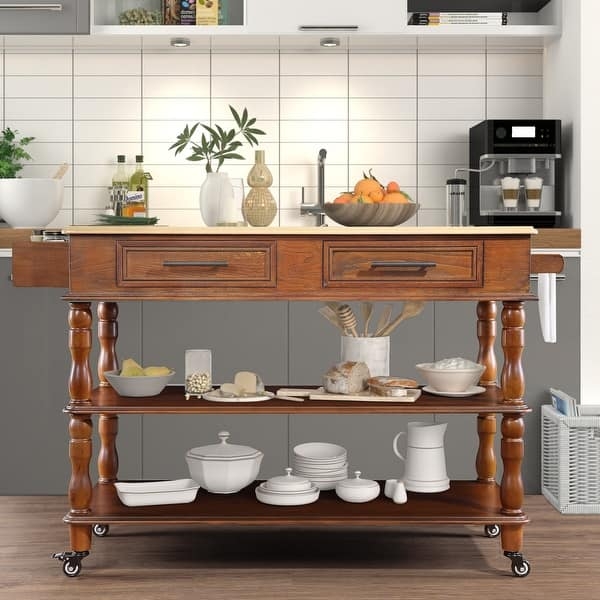 Rolling Kitchen Island with Two-Sided Storage and Open Utility Racks.