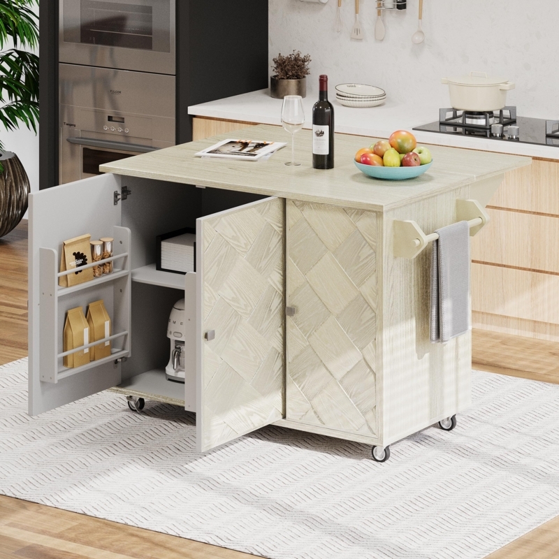 Rolling Kitchen Island With Woven Cane Panels And Drop Leaf Top