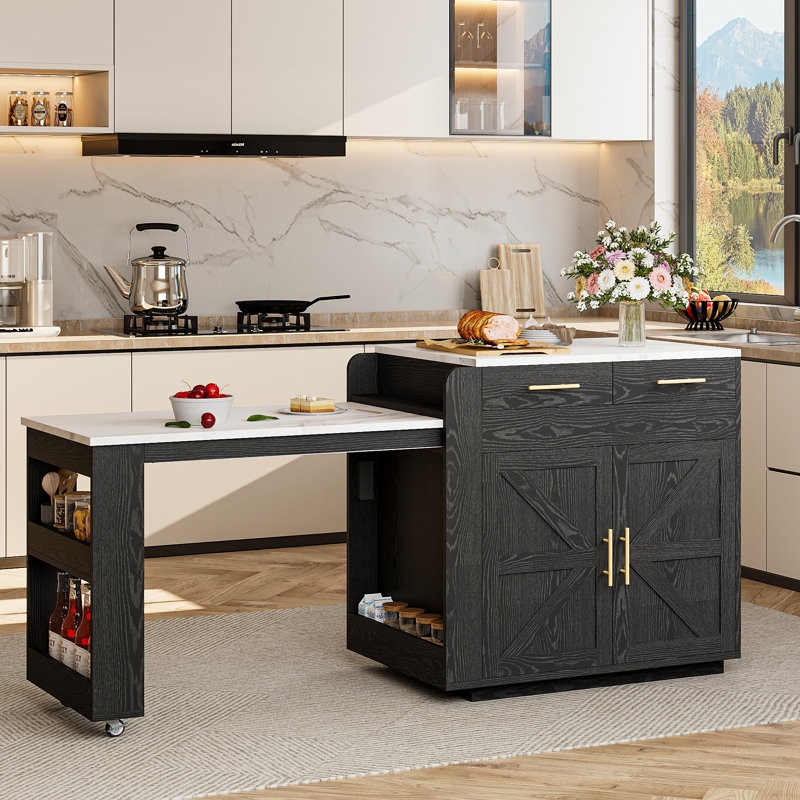 Rolling Kitchen Island Wood Top Open Shelving White Finish Towel Rack