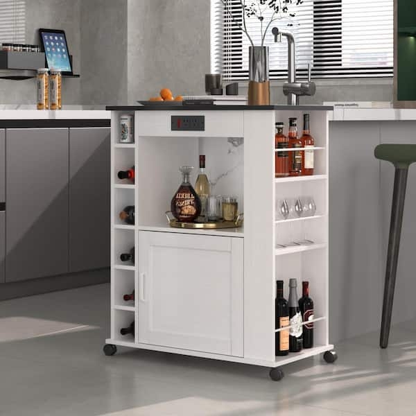 Rolling Microwave Stand with Power, Three Tier Storage, and Wood Top