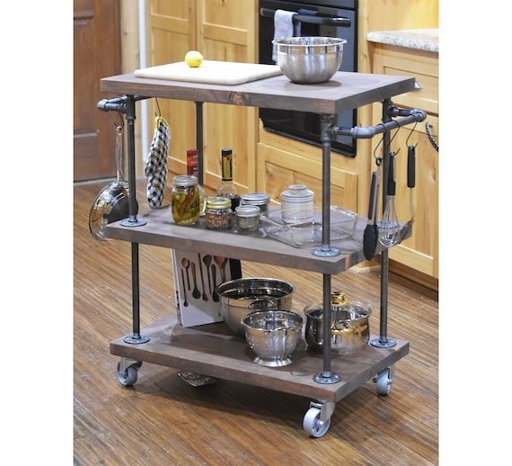 Rolling Three Tier Utility Island with Rustic Wood Shelves and Casters