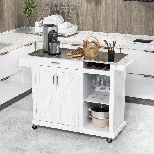 Rolling White Kitchen Cart with Wine Rack and Two Door Cabinet