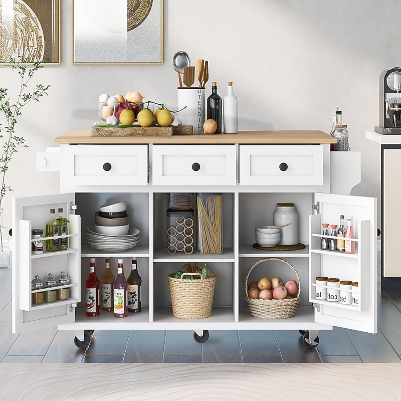 Rolling White Kitchen Island, Integrated Side Racks, Wood Top
