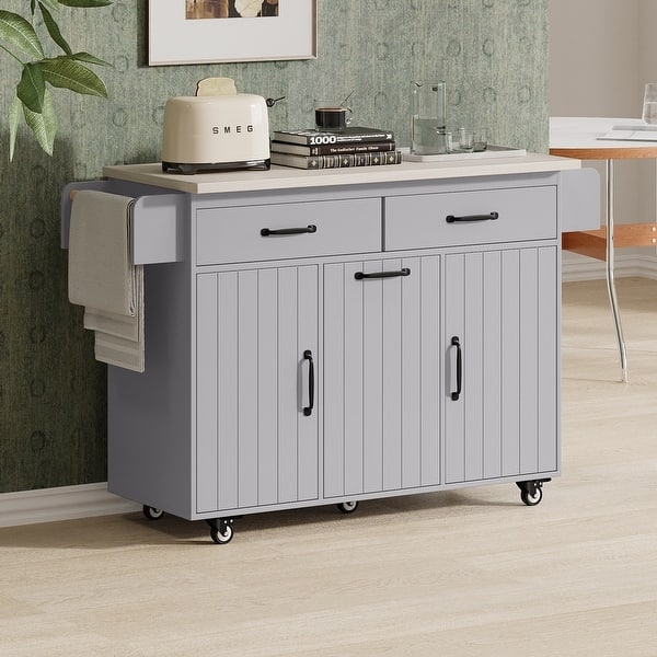 Rolling White Kitchen Island with Wood Top and Integrated Spice Rack
