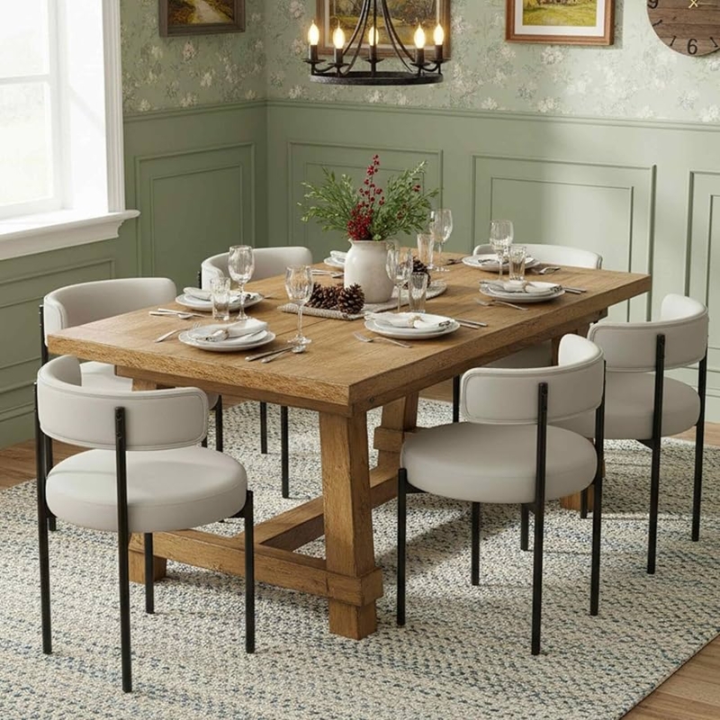 Round Back Dining Chairs in Beige Grey Faux Leather with Metal Legs
