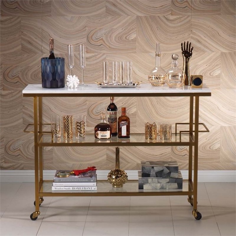 Round Bar Cart featuring Real Marble Top Shelf and Metallic Frame
