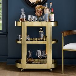 Round Bar Cart with Dark Wood-Toned Shelves and Metallic Frame