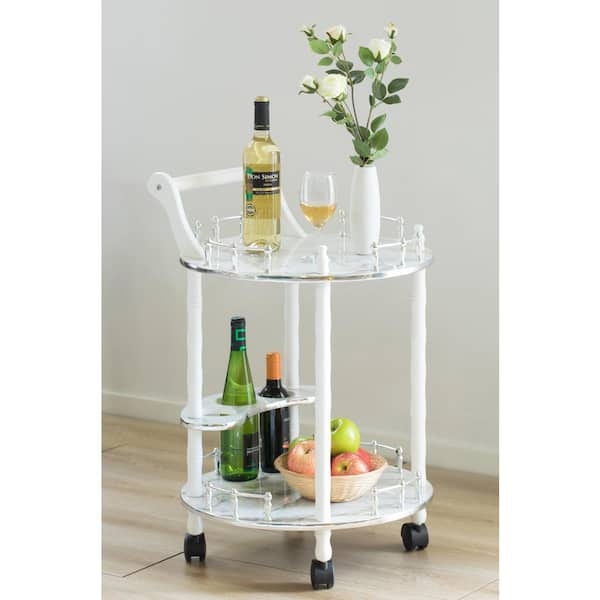 Round Bar Cart with Silver Metal Frame and Gray Wood Toned Shelves