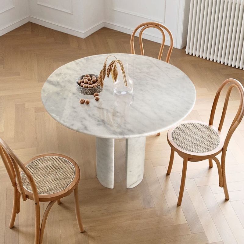 Round Carrara Marble Dining Table with Cylindrical Legs and Polished Finish