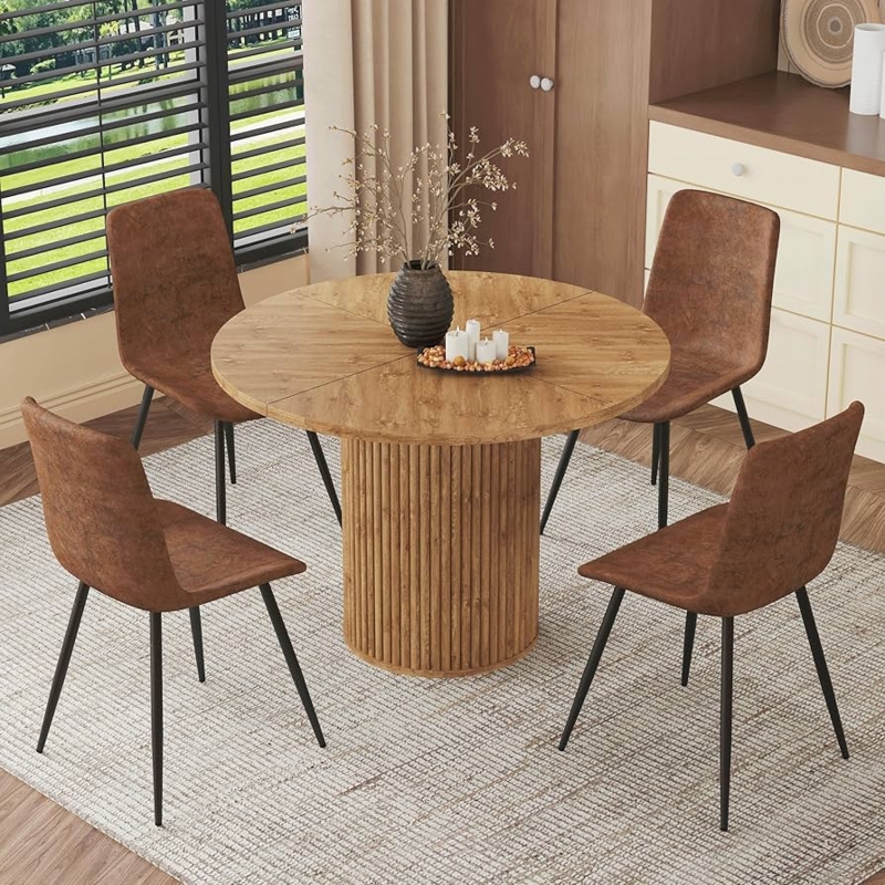 Round Dining Room Set, Fluted Pedestal Base, Modern Farmhouse Style