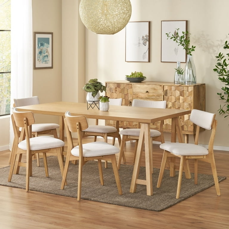Round Dining Set Mid-Century Tufted Chairs Oak Table Beige Fabric