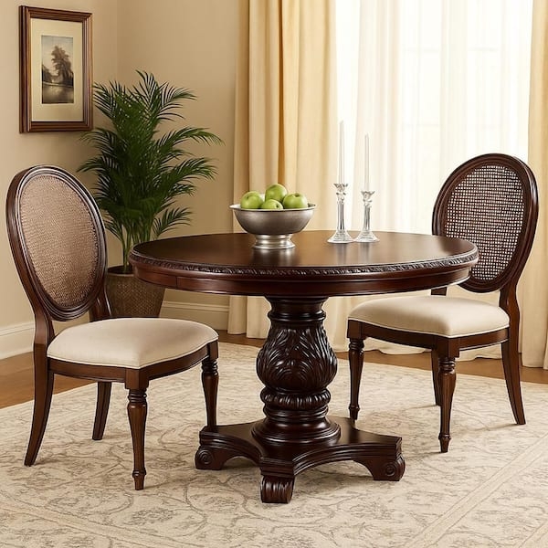Round Dining Table Dark Cherry Turned Pedestal Base Traditional