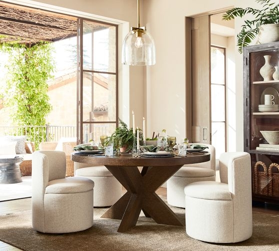 Round Dining Table Extendable Top Turned Pedestal Natural Wood Grain