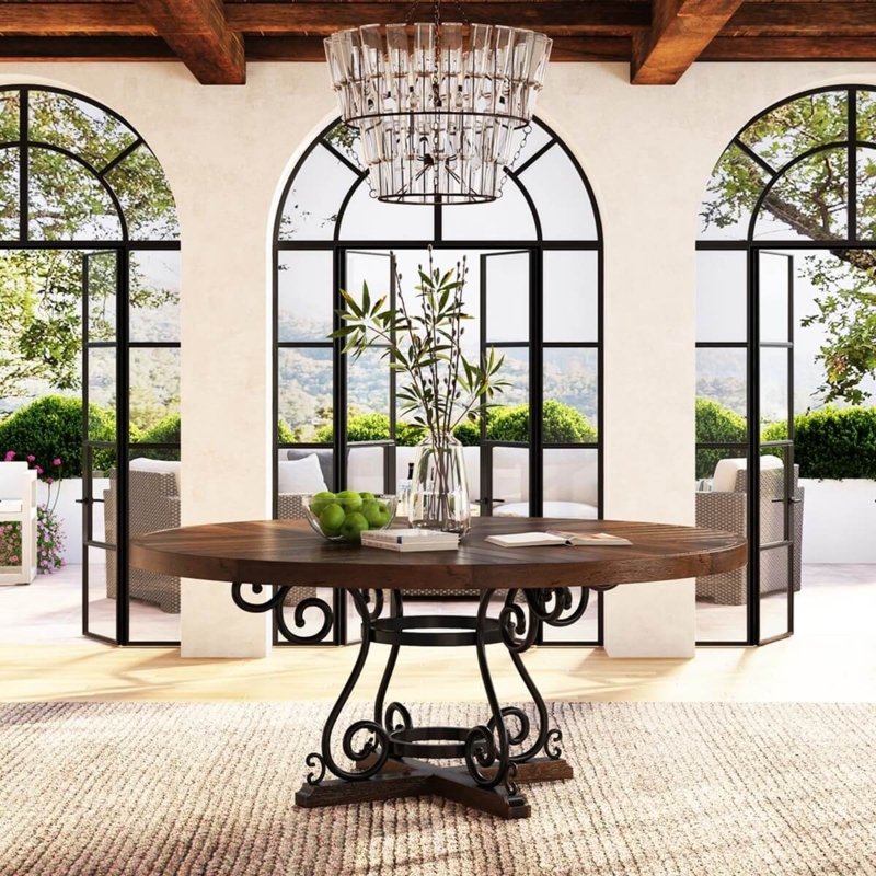 Round Dining Table featuring Industrial Ring on Metal Pedestal Base