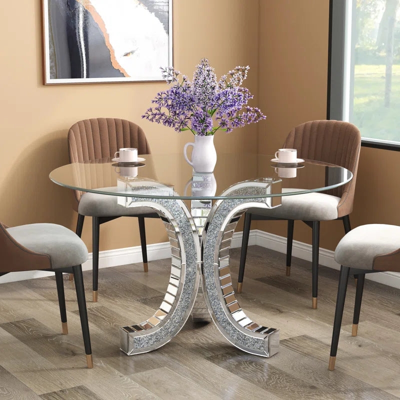 Round Dining Table Glass Top Faceted Mirrored Pedestal Glam