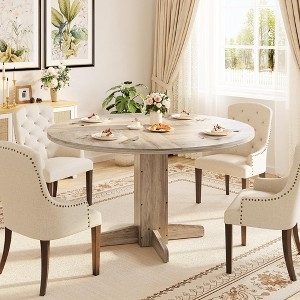 Round Dining Table Medium Brown Turned Pedestal Four-Footed Base