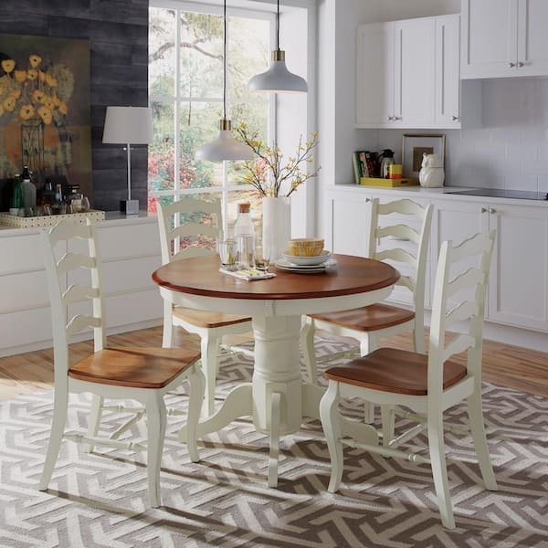 Round Dining Table: Rubbed White Finish, Scrolled Feet Pedestal