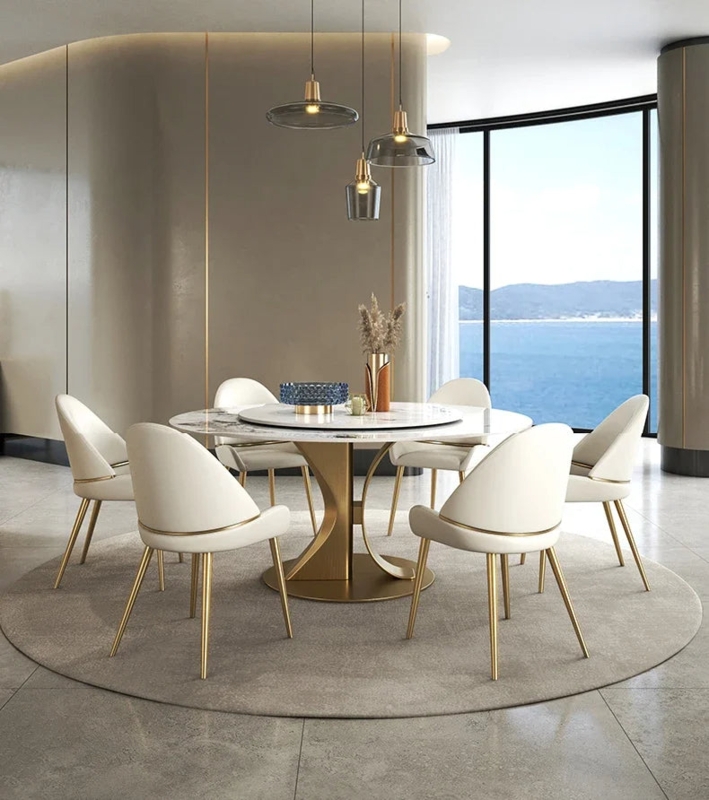 Round Dining Table Set with Lazy Susan and Vibrant Orange Upholstery