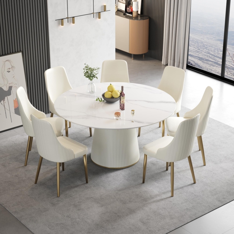 Round Dining Table Slatted Wood Base Stone Top Scandinavian Style