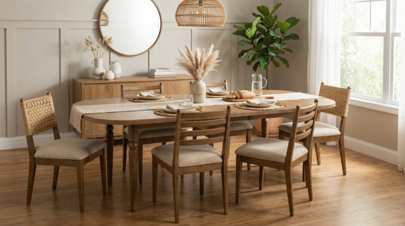 Round Dining Table Two-Tone Pedestal Base Thick Light Wood Top