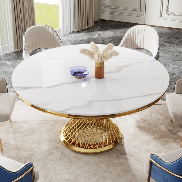 Round Dining Table Veined Stone Top Black Conical Base Contemporary