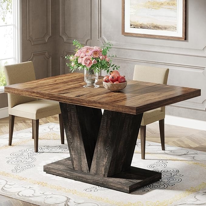 Round Dining Table Walnut Brown Ribbed Pedestal Base Contemporary