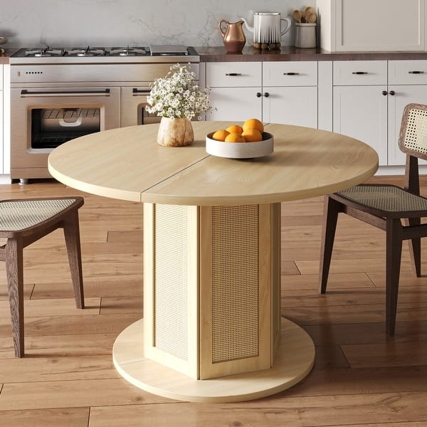 Round Dining Table White Pedestal with Rattan Inlay Coastal Farmhouse