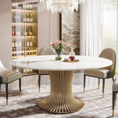 Round Dining Table, White Stone-Like Top with Black Pedestal Base