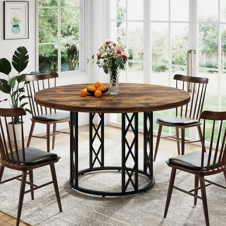 Round Dining Table with Geometric Pedestal Base and Wood Top