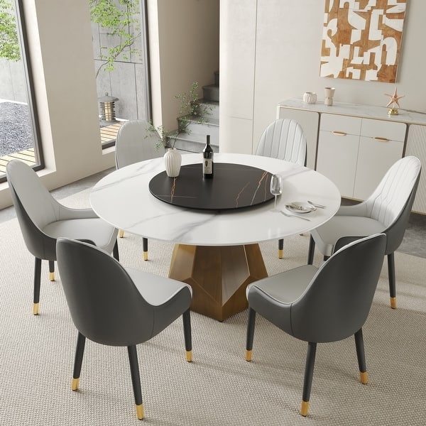 Round Dining Table with Polished Gold Pedestal Base and Veined Top