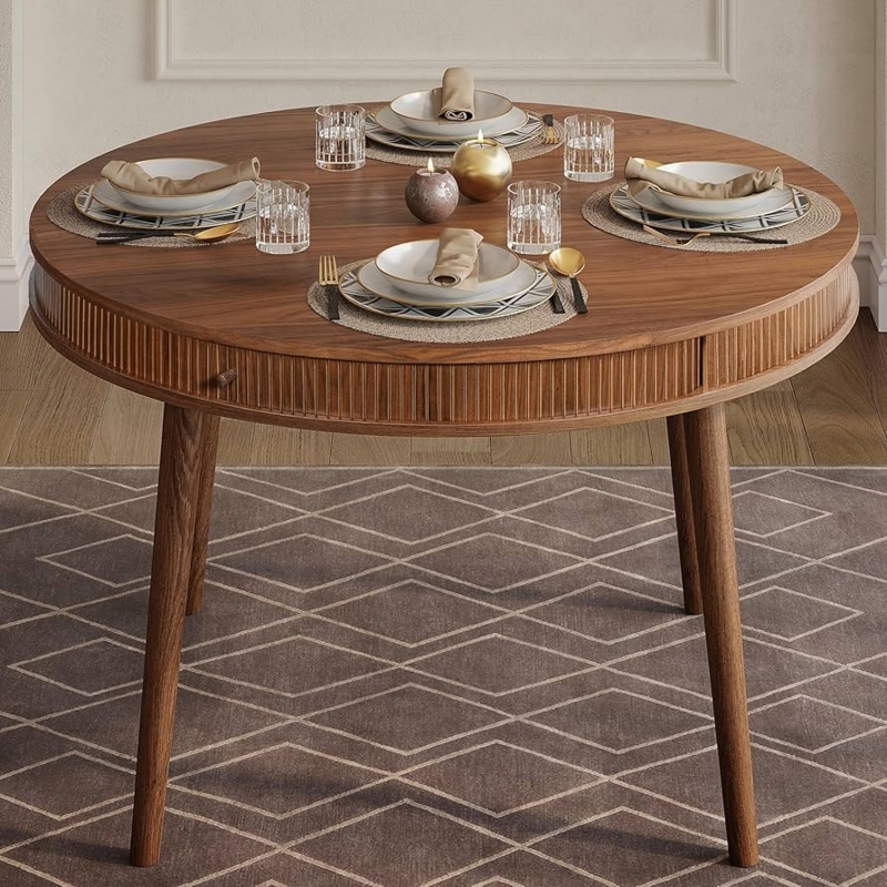 Round Dining Table with Ribbed Pedestal Base, Walnut Finish