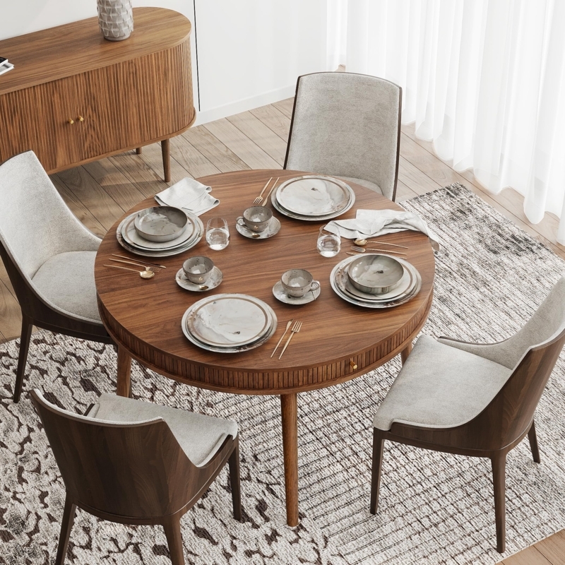 Round Dining Table with Slatted Pedestal Base and Hidden Storage, Walnut