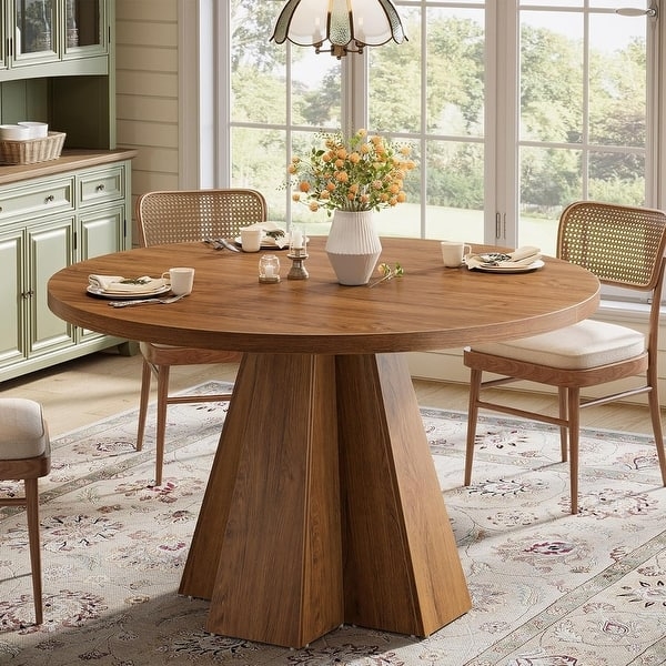 Round Dining Table X-Base Pedestal Thick Wood Top Modern Farmhouse