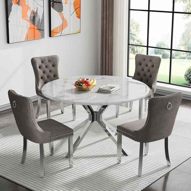 Round Faux Marble Dining Set with Silver Channel Tufted Chairs