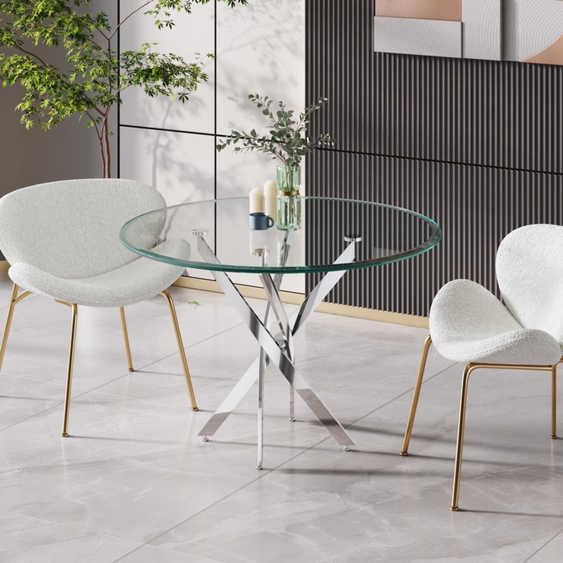 Round Glass Dining Table with Polished X-Design Base