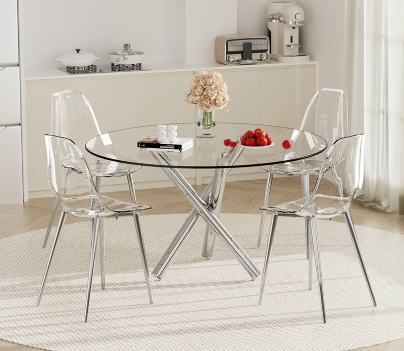 Round Glass Pedestal Dining Table Set with Clear Acrylic Chairs